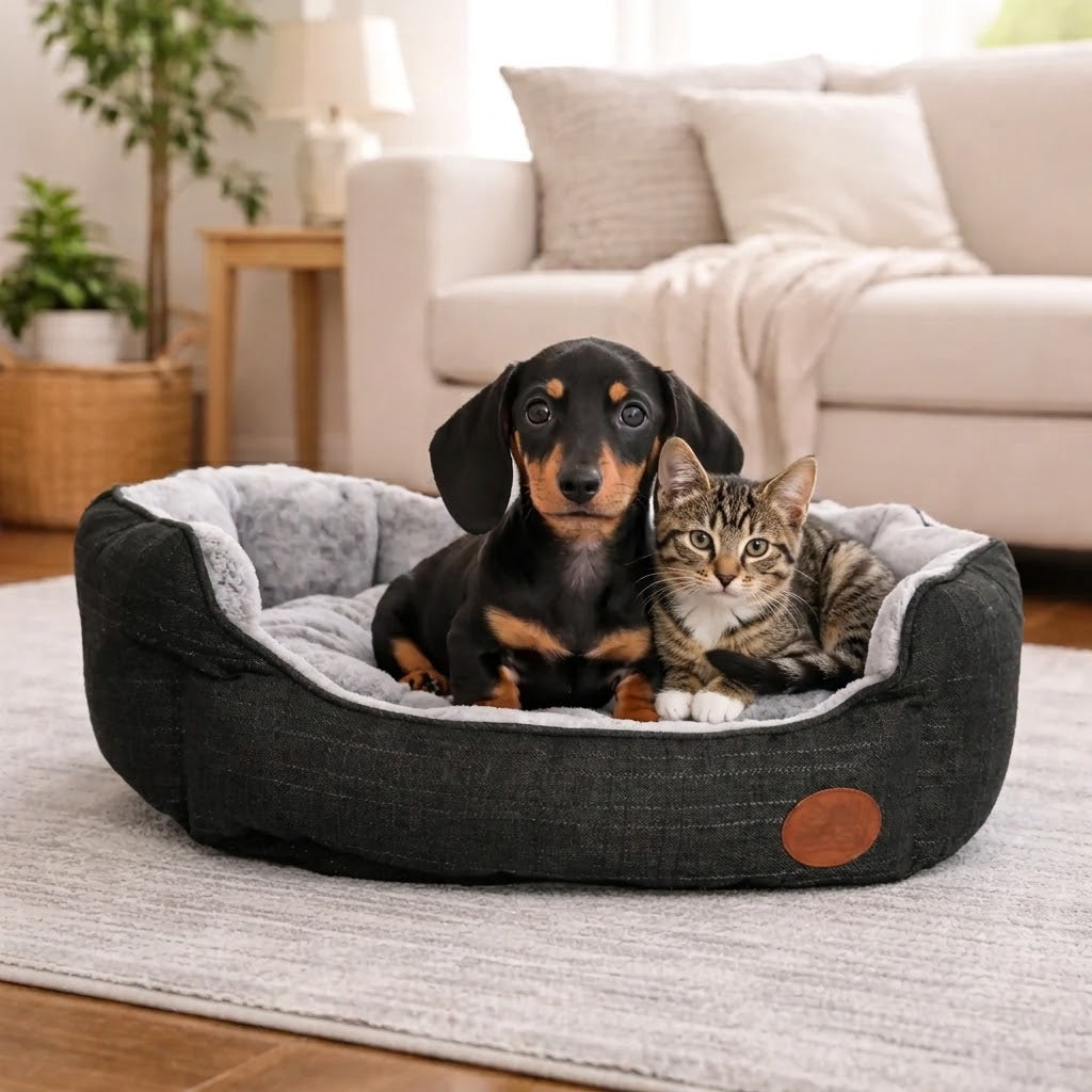 Charcoal Softie Dog Pet Bed - Faux Fur Rectangle Box Bed Machine Washable - Pet Beds for dogs Snug and Cosy Pets