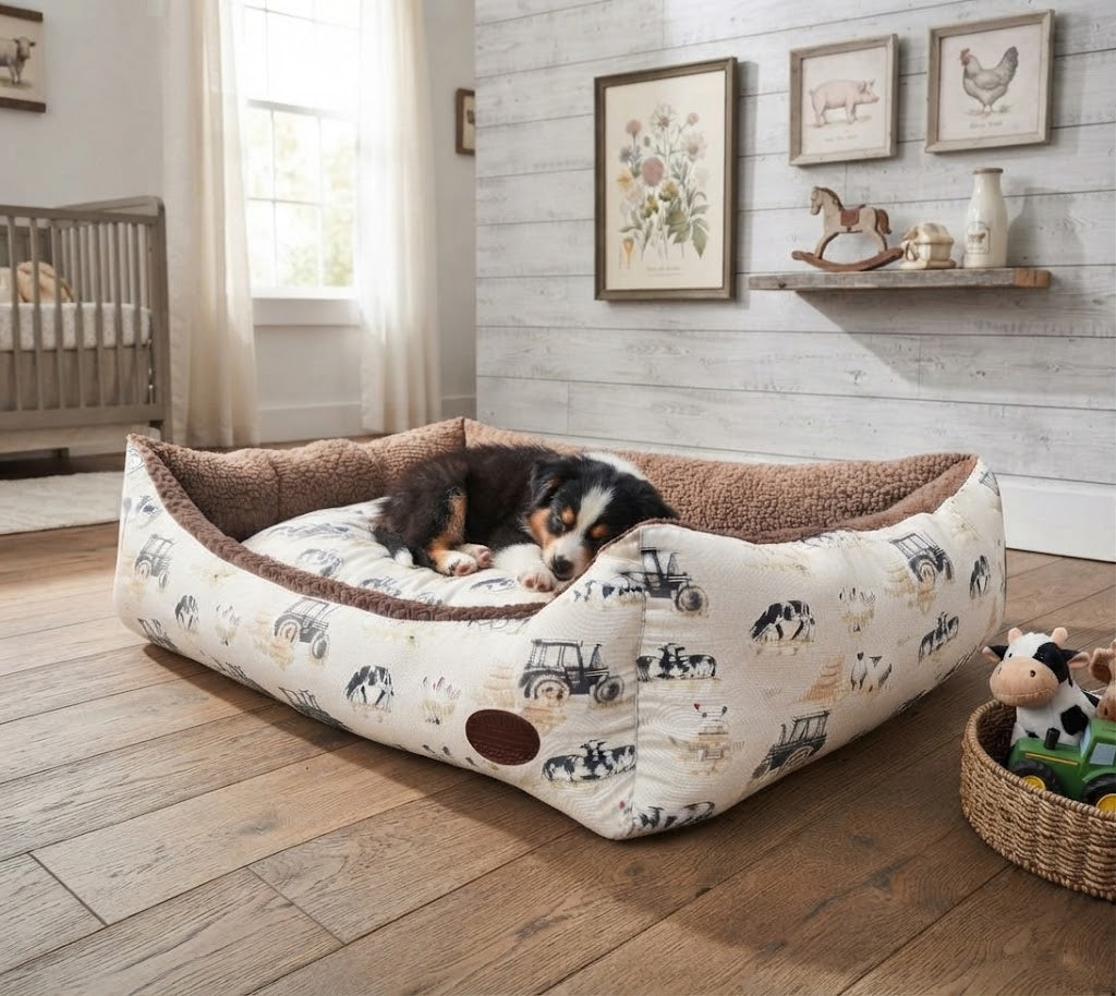 Farmyard Cream Rectangle Dog Pet Bed - Cozy Comfort for Your Pup - Pet Beds for dogs Snug and Cosy Pets