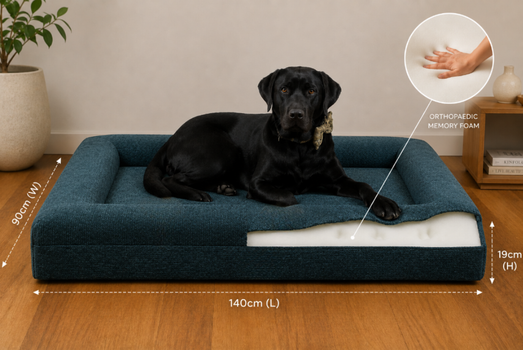 Black dog lying on a teal pet bed with measurements and orthopedic memory foam label.