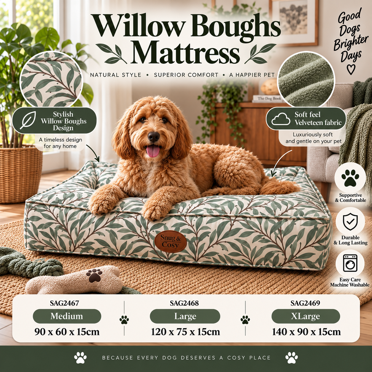 William Boughs Dog Mattress Velveteen Fabric Sage - for dogs Snug and Cosy Pets