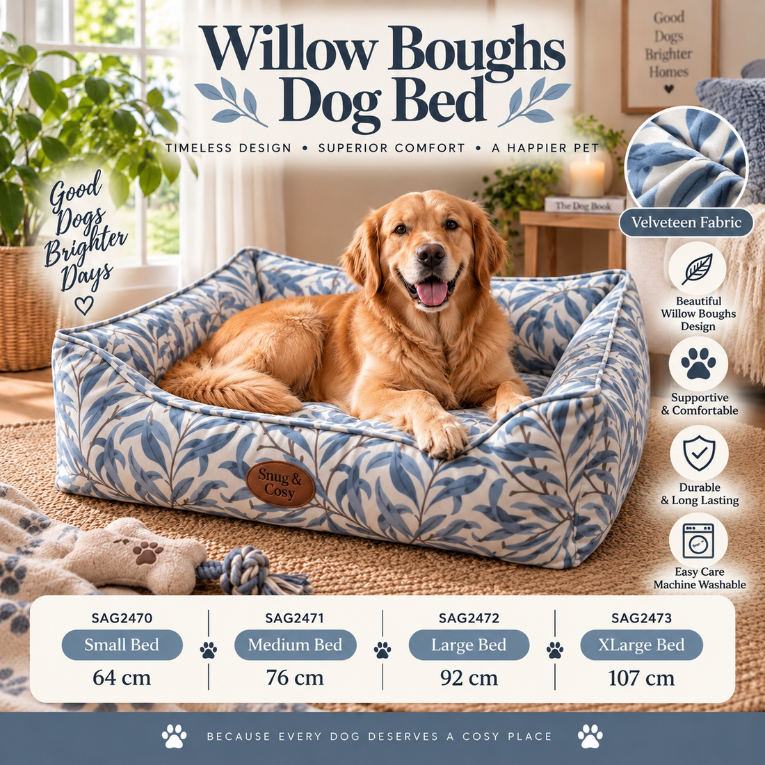 William Boughs Dog Bed Velveteen Fabric Azure - for dogs Snug and Cosy Pets