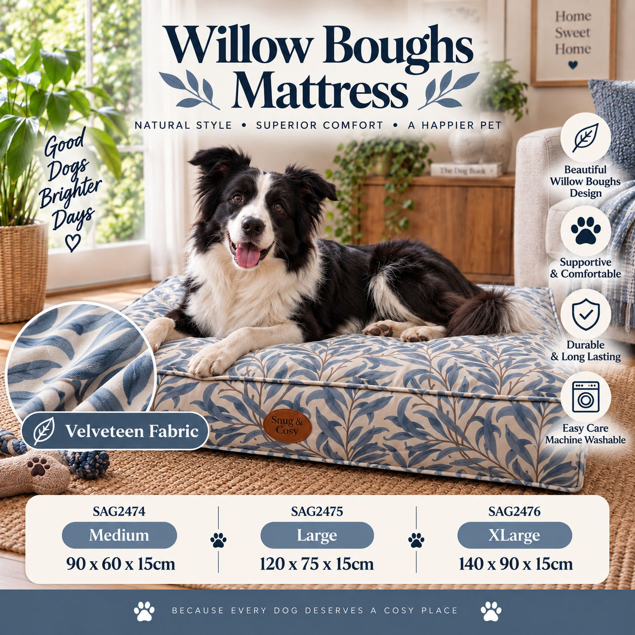 William Boughs Dog Mattress Velveteen Fabric Azure - for dogs Snug and Cosy Pets