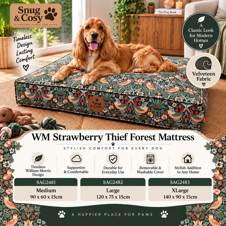 WM Strawberry Thief Forest Mattress Velveteen Fabric - for dogs Snug and Cosy Pets