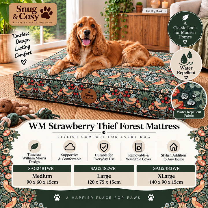 WM Strawberry Thief Forest Mattress Water Repellent Fabric - for dogs Snug and Cosy Pets