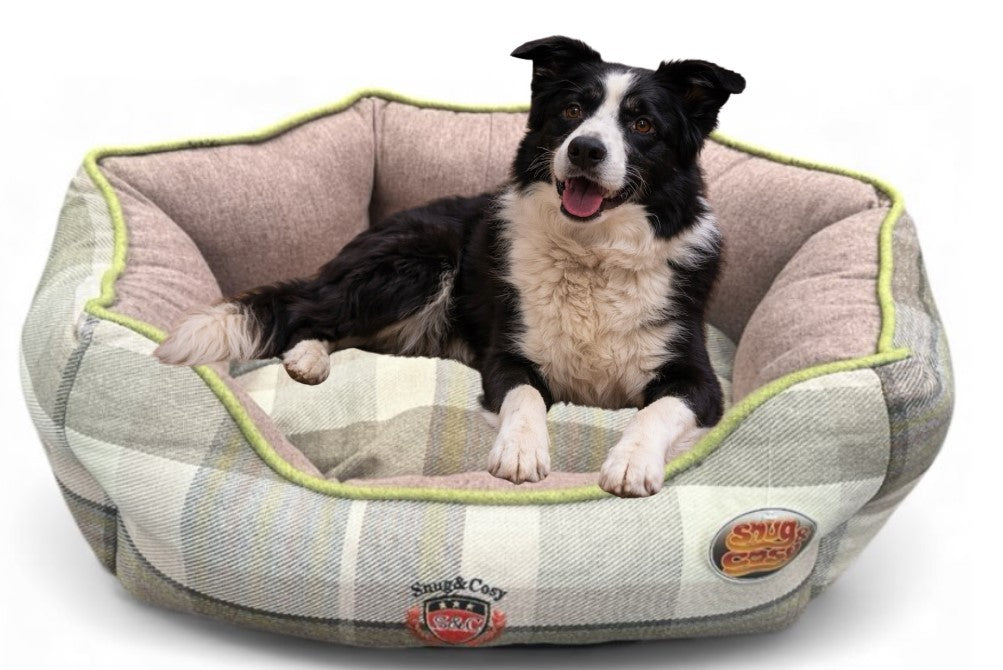 Green Check Oval Dog Bed - Plaid Country Style Washable - Dog Bed for dogs Snug and Cosy Pets