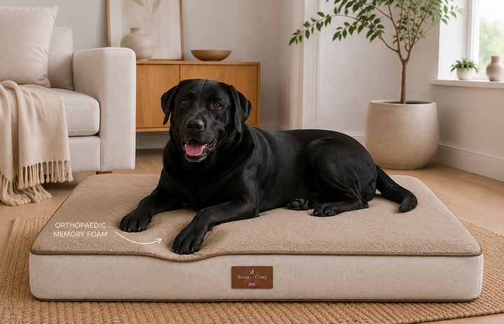 Black dog lying on a orthopedic memory foam pet bed in a cozy living room.