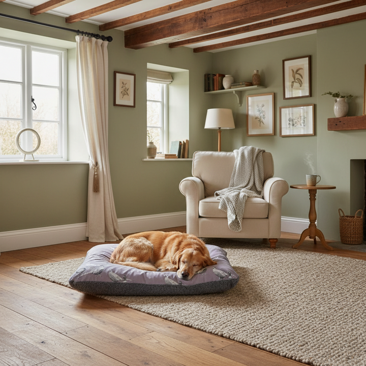 A golden retriever dog rests on a gray plush dog bed in a cozy, sunlit room with light green walls, wooden ceiling beams, a cream armchair, and a large beige rug.