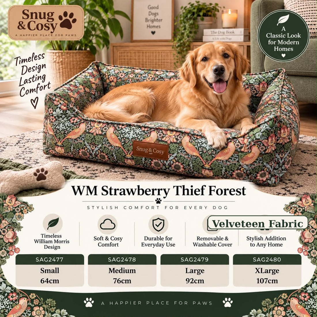 William Morris Dog Bed Velveteen Fabric - for dogs Snug and Cosy Pets