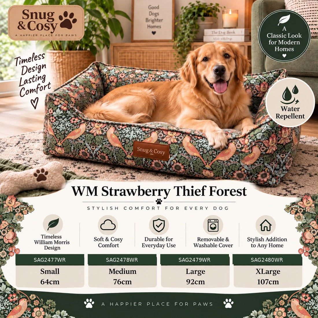 William Morris Dog Bed Water Repellent Fabric - for dogs Snug and Cosy Pets