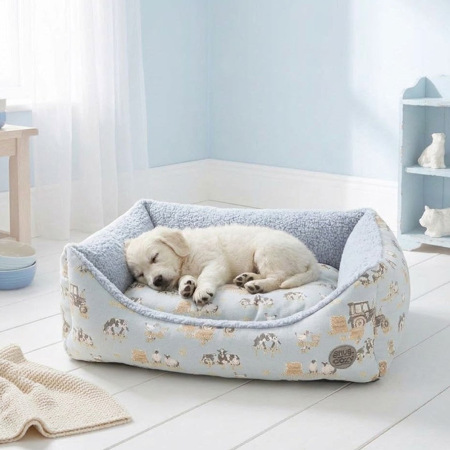 Farmyard Blue Rectangle Dog Bed - Comfort Meets Charming British Design - Pet Beds for dogs Snug and Cosy Pets