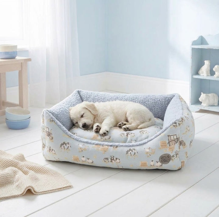 Farmyard Blue Rectangle Dog Bed - Comfort Meets Charming British Design - Pet Beds for dogs Snug and Cosy Pets