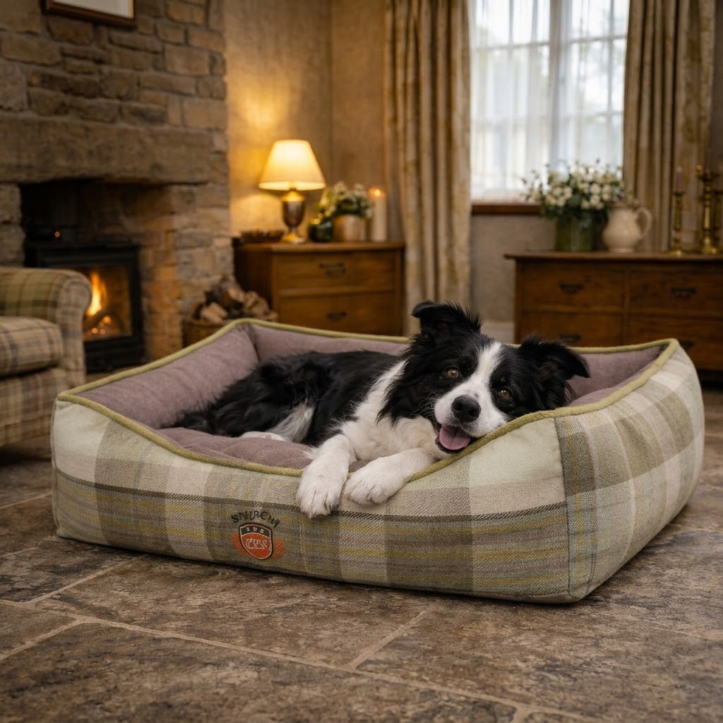 Green Check Plaid Pet Dog Bed - Country Style Rectangle with Raised Sides - Dog Beds & Loungers for dogs Snug and Cosy Pets