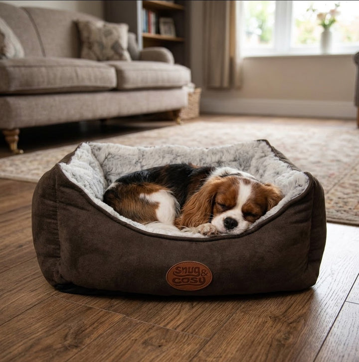 Novara Faux Suede Brown Dog Bed with High Sides and Reversible Cushion - Dog Beds & Loungers for dogs Snug and Cosy Pets
