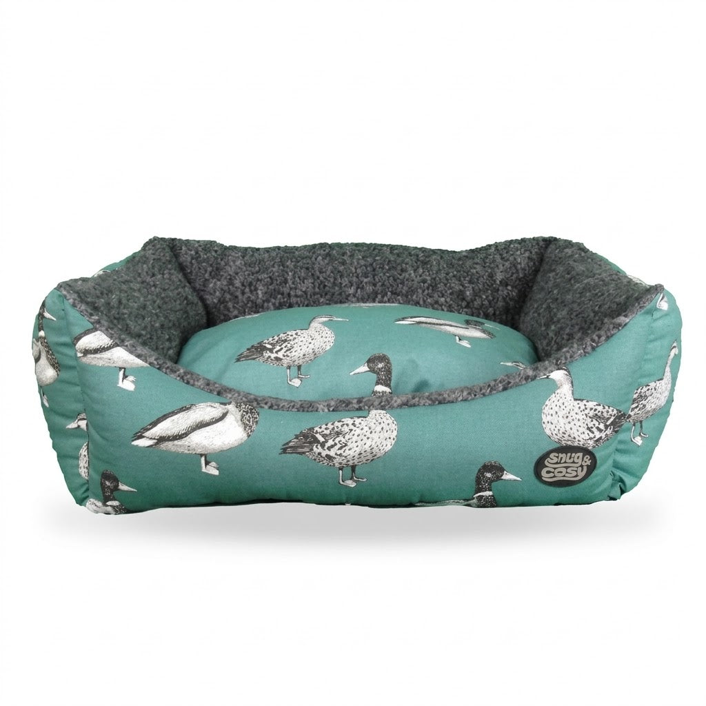 Teal Duck Print Dog Bed - Nature Collection Rectangle with Virgin Fibre for Ultimate Comfort - Pet Beds for dogs Snug and Cosy Pets