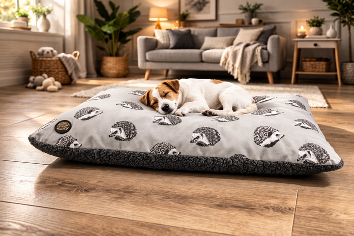 Luxury Hedgehog Print Pet Lounger - British Made Dog & Cat Bed - Dog Lounger for dogs Snug and Cosy Pets