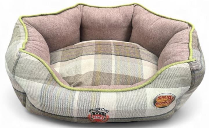 Green Check Oval Dog Bed - Plaid Country Style Washable - Dog Bed for dogs Snug and Cosy Pets