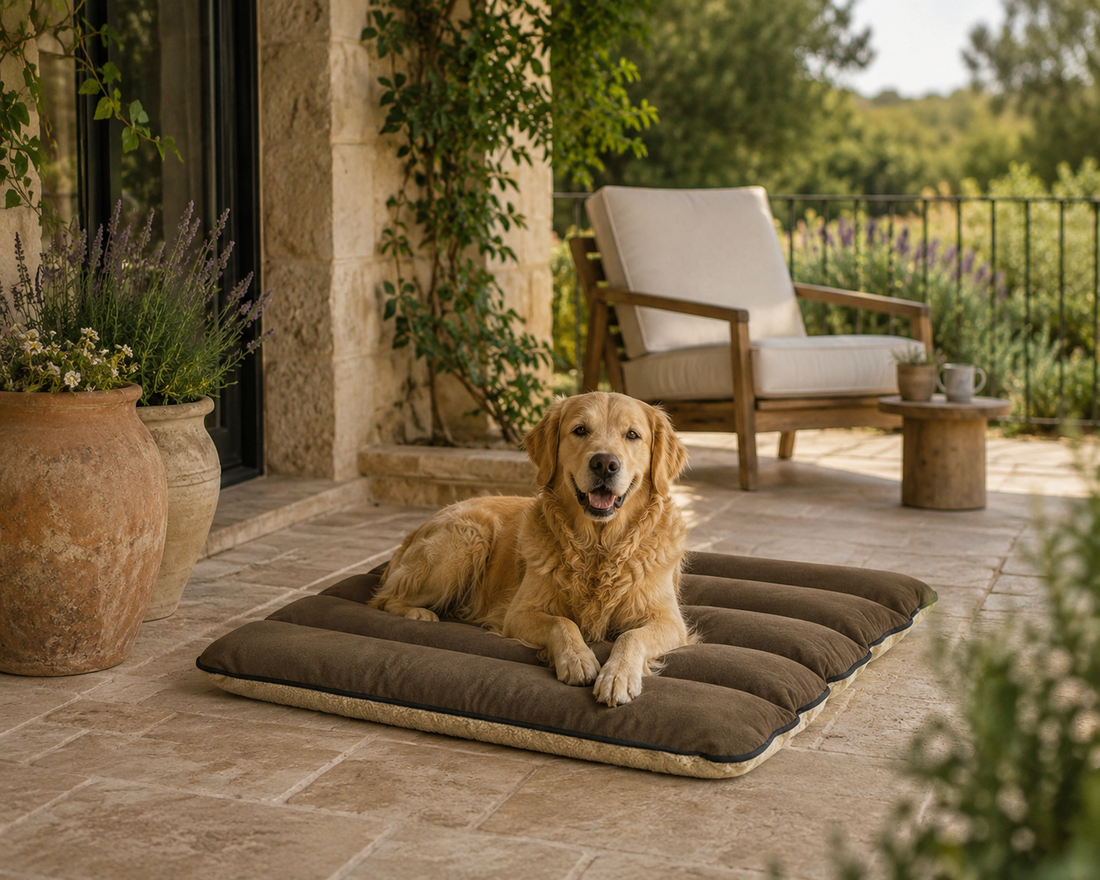 A golden retriever dog lies on a brown rectangular outdoor dog bed on a stone patio, with a patio chair, potted plants, and greenery in the background.