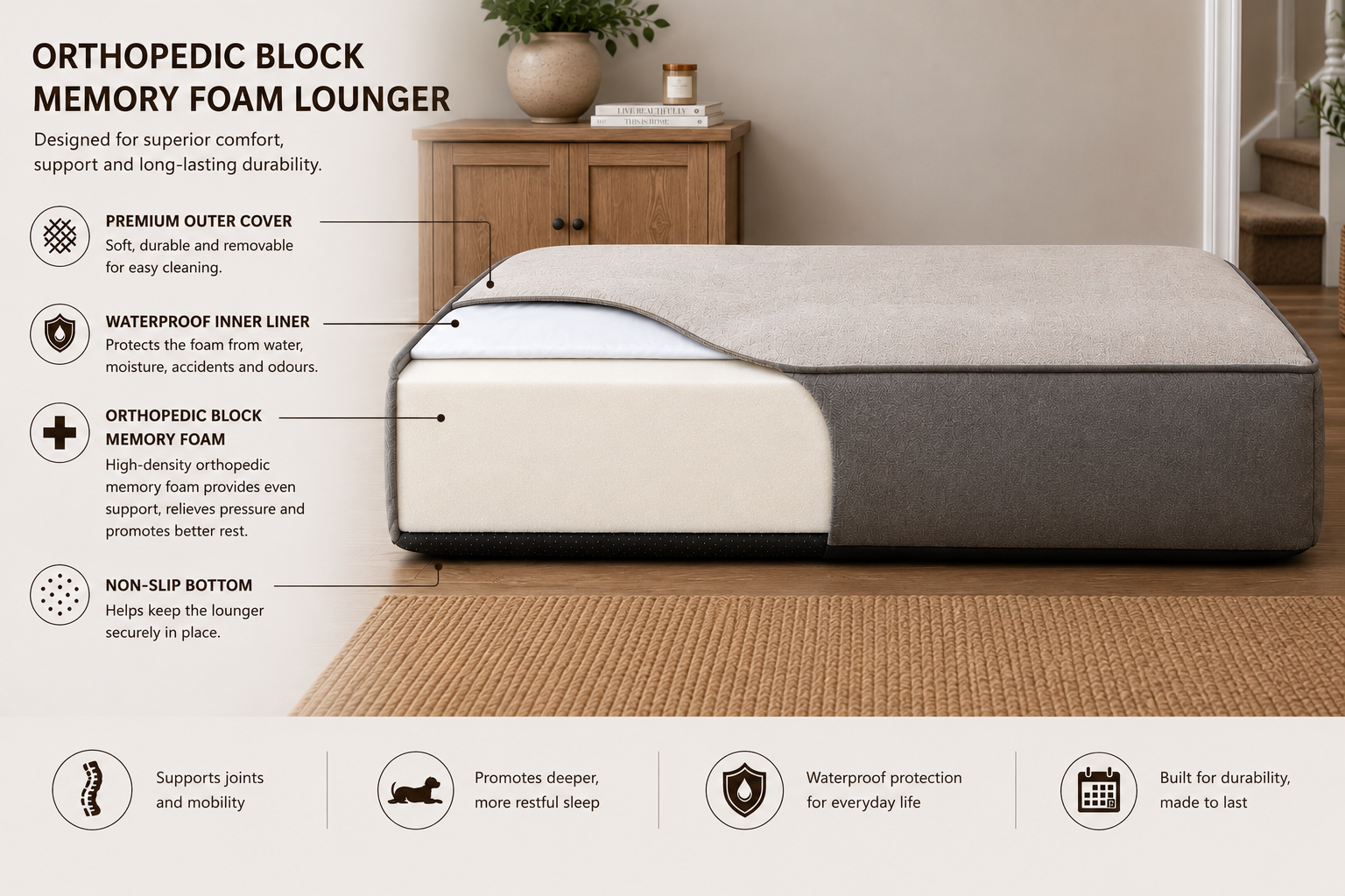 Elegance Faux Leather Orthopaedic Dog Bed | Luxury Dog Lounger Mattress - Dog Beds & Loungers for dogs Snug and Cosy Pets