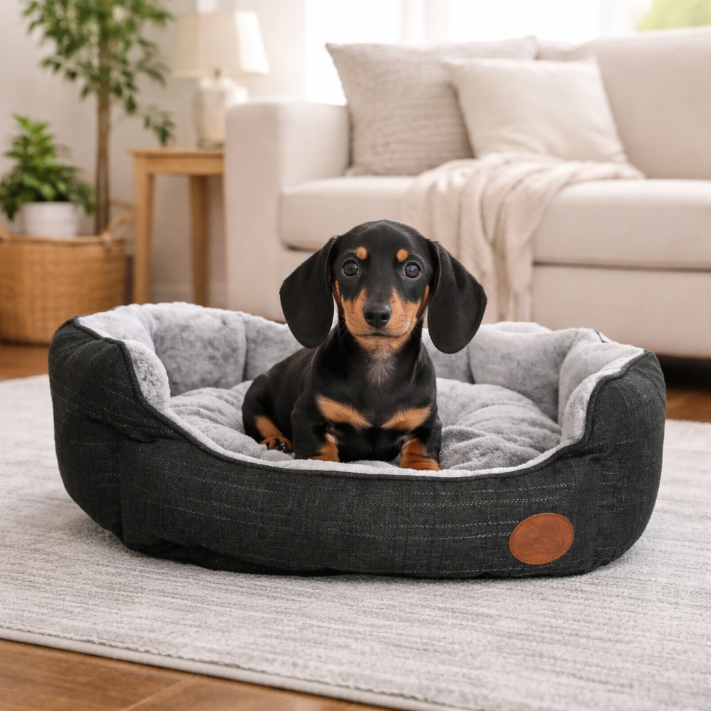 Charcoal Softie Dog Pet Bed - Faux Fur Rectangle Box Bed Machine Washable - Pet Beds for dogs Snug and Cosy Pets